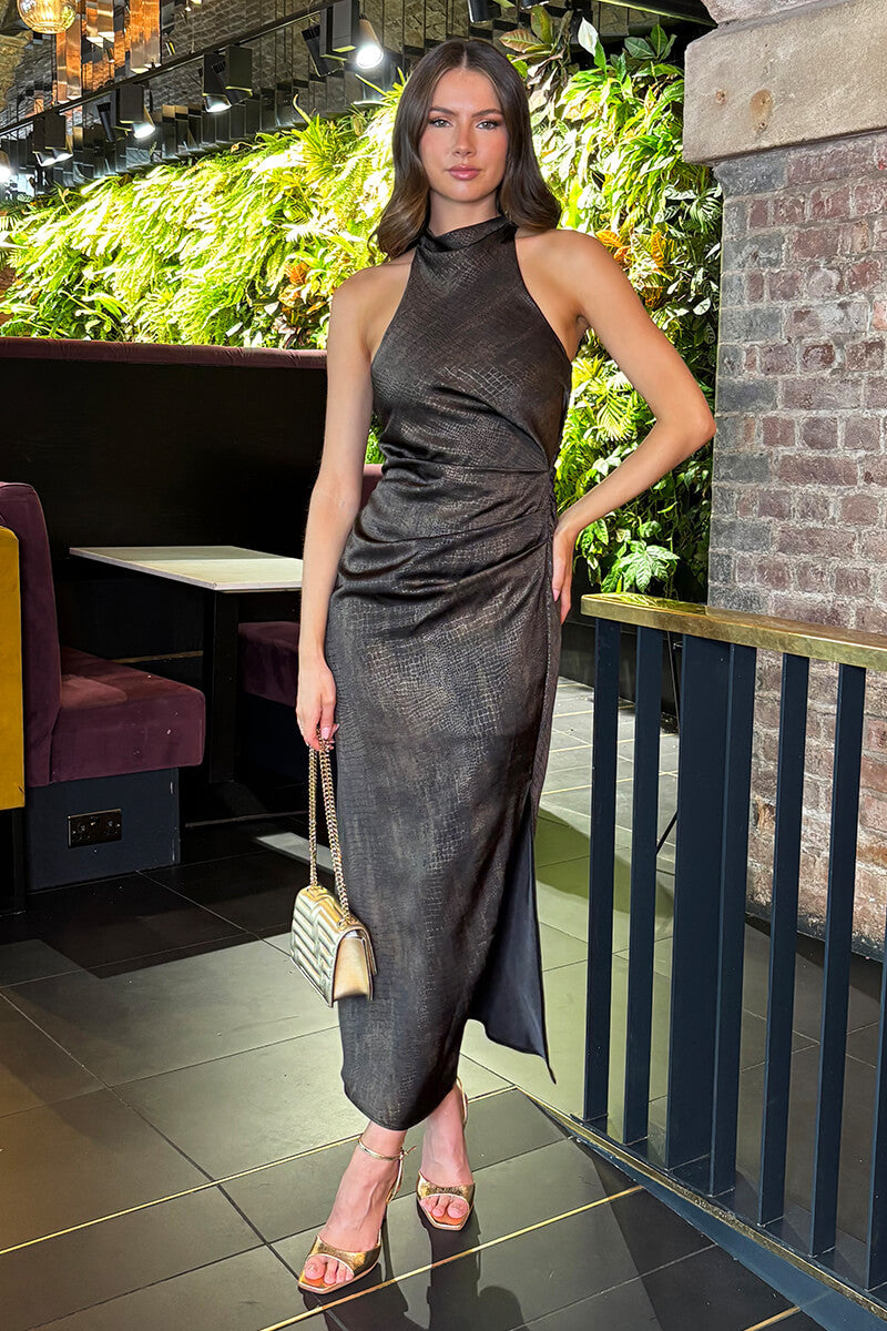 Brown Croc Pattern Halter Neck Midi Dress