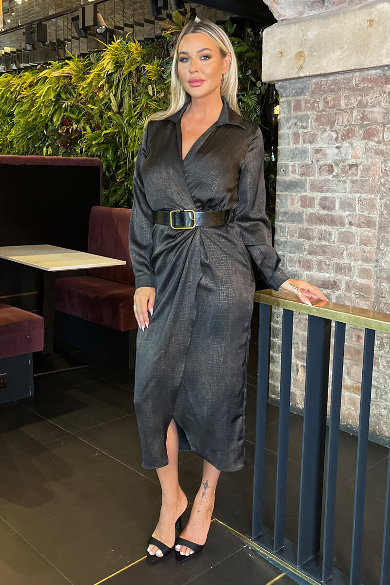 Brown Croc Pattern Wrap Shirt Belted Midi Dress