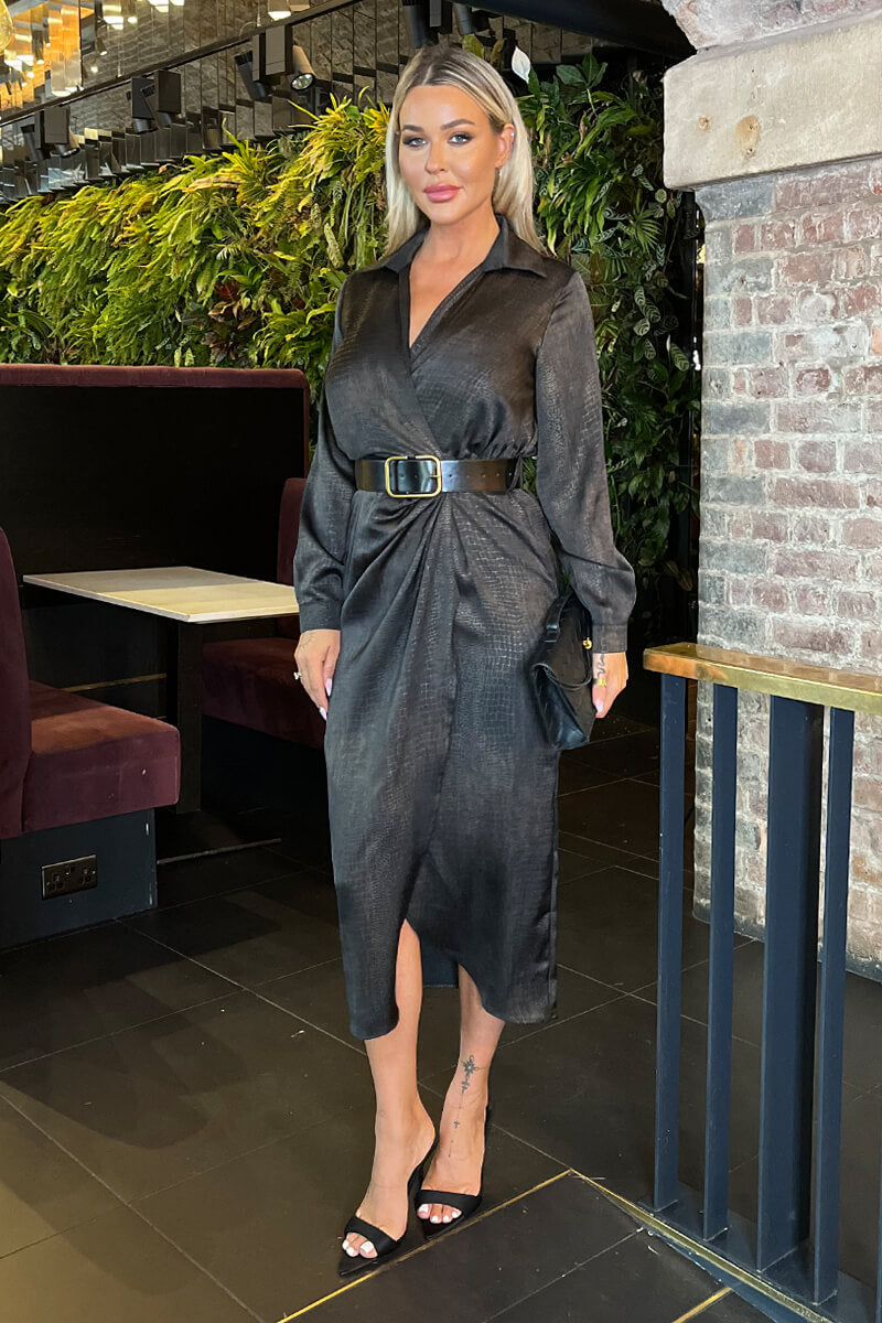 Brown Croc Pattern Wrap Shirt Belted Midi Dress