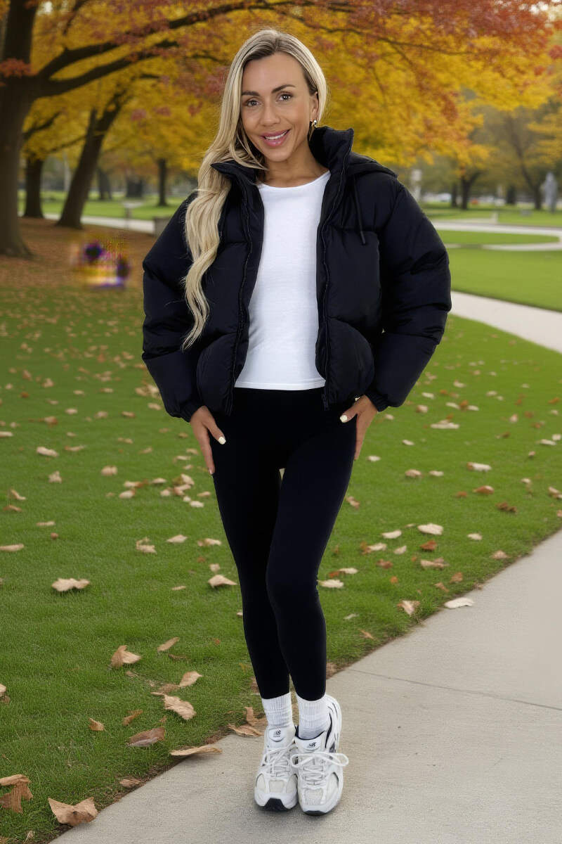 Black Drawstring Hood Short Puffer Coat
