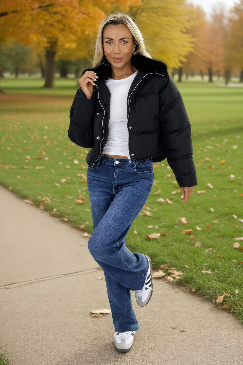 Black Split Hood Short Puffer Coat