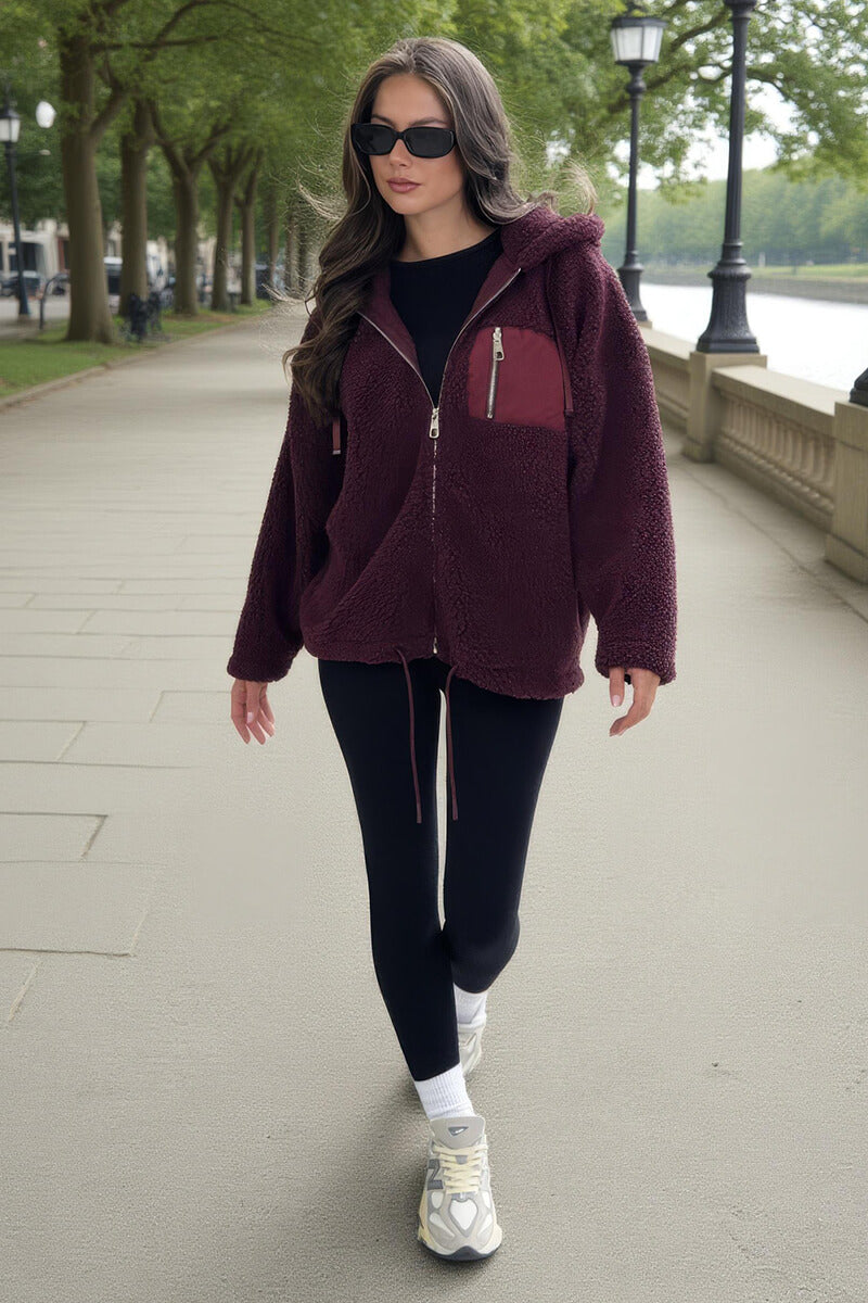 Burgundy Pocket Detail Hooded Teddy Jacket
