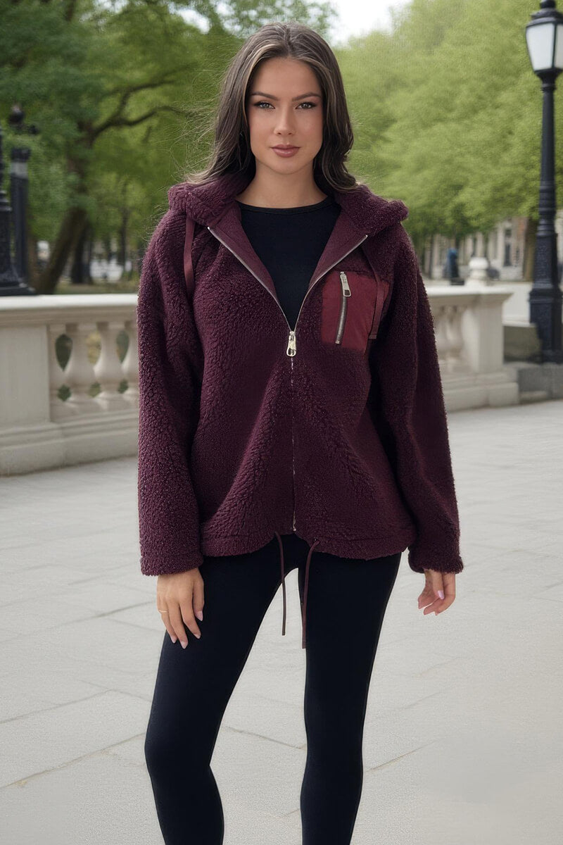 Burgundy Pocket Detail Hooded Teddy Jacket