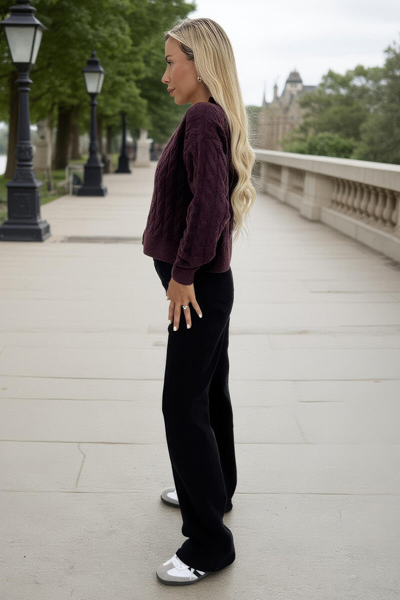 Burgundy Cable Knit Gold Button Cardigan