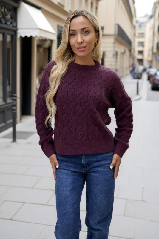 Burgundy Round Neck Cable Knit Jumper