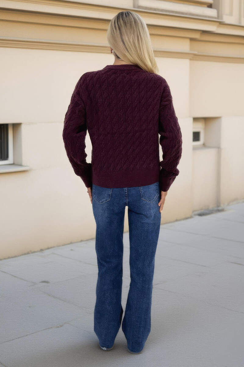 Burgundy Round Neck Cable Knit Jumper