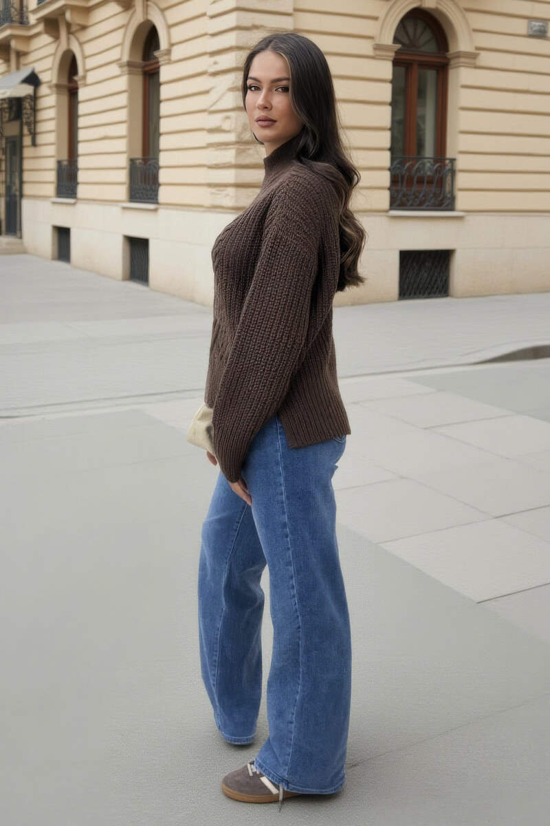 Chocolate Mock Neck Cable Knit Jumper