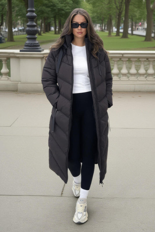 Chocolate Hooded Puffer Coat with Zip Front Pockets