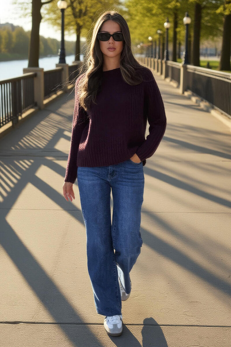 Burgundy Round Neck Knit Jumper