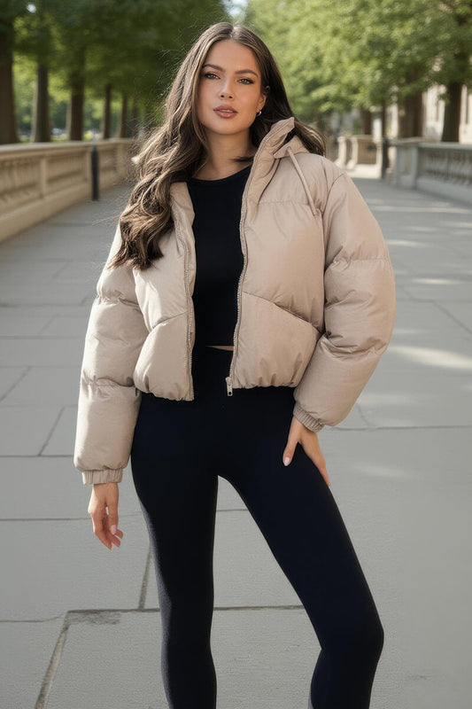Stone Drawstring Hood Short Puffer Coat