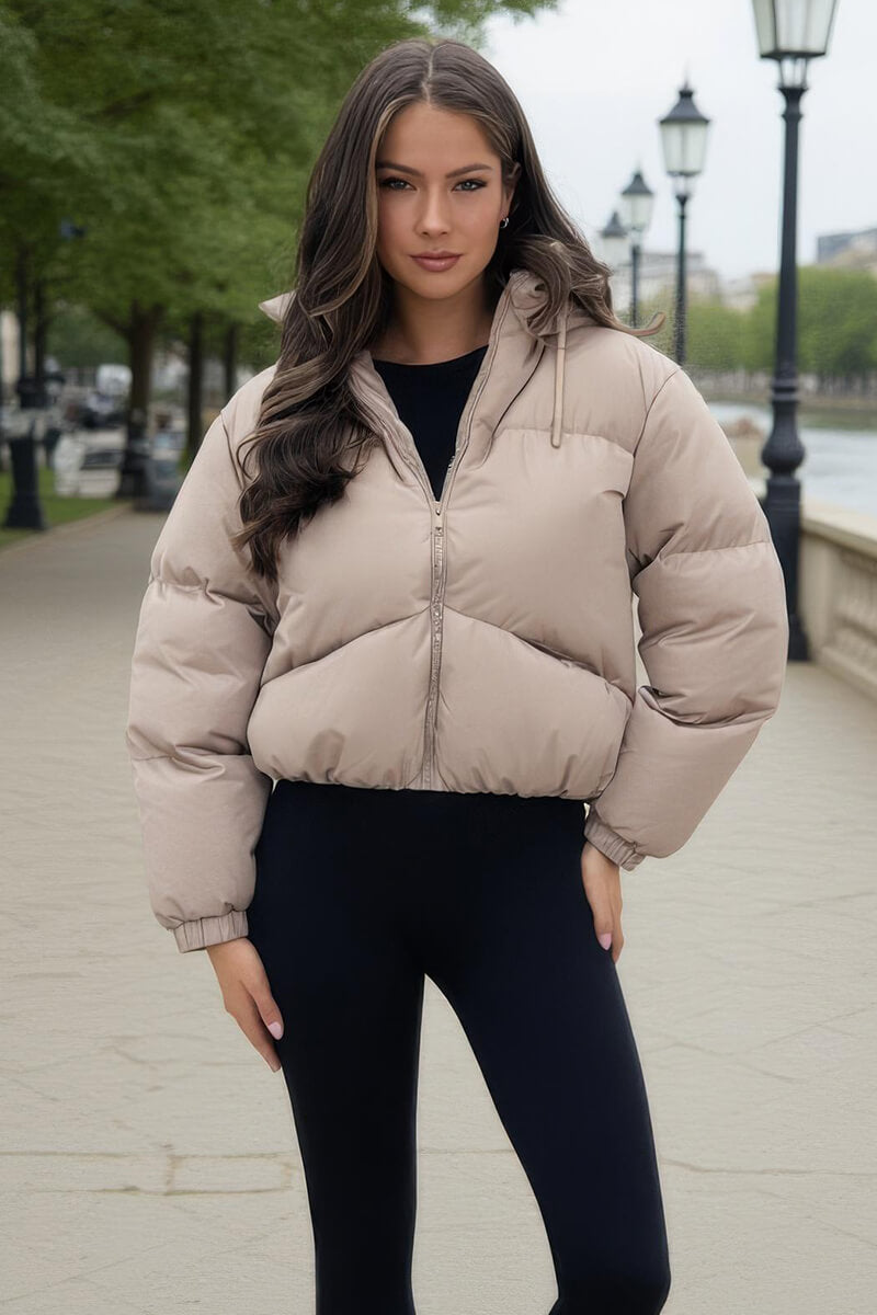 Stone Drawstring Hood Short Puffer Coat