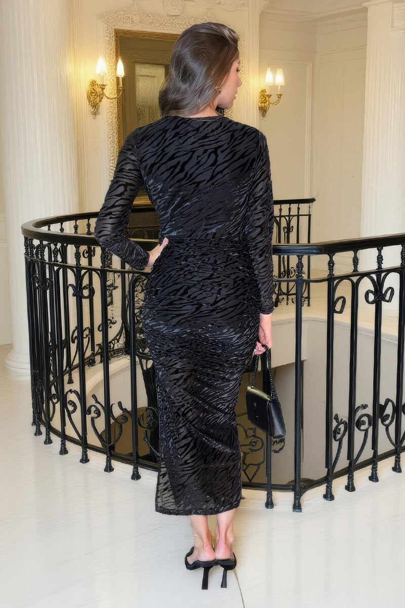 Black Velvet Zebra Striped Overlay Long Sleeve Midi Dress