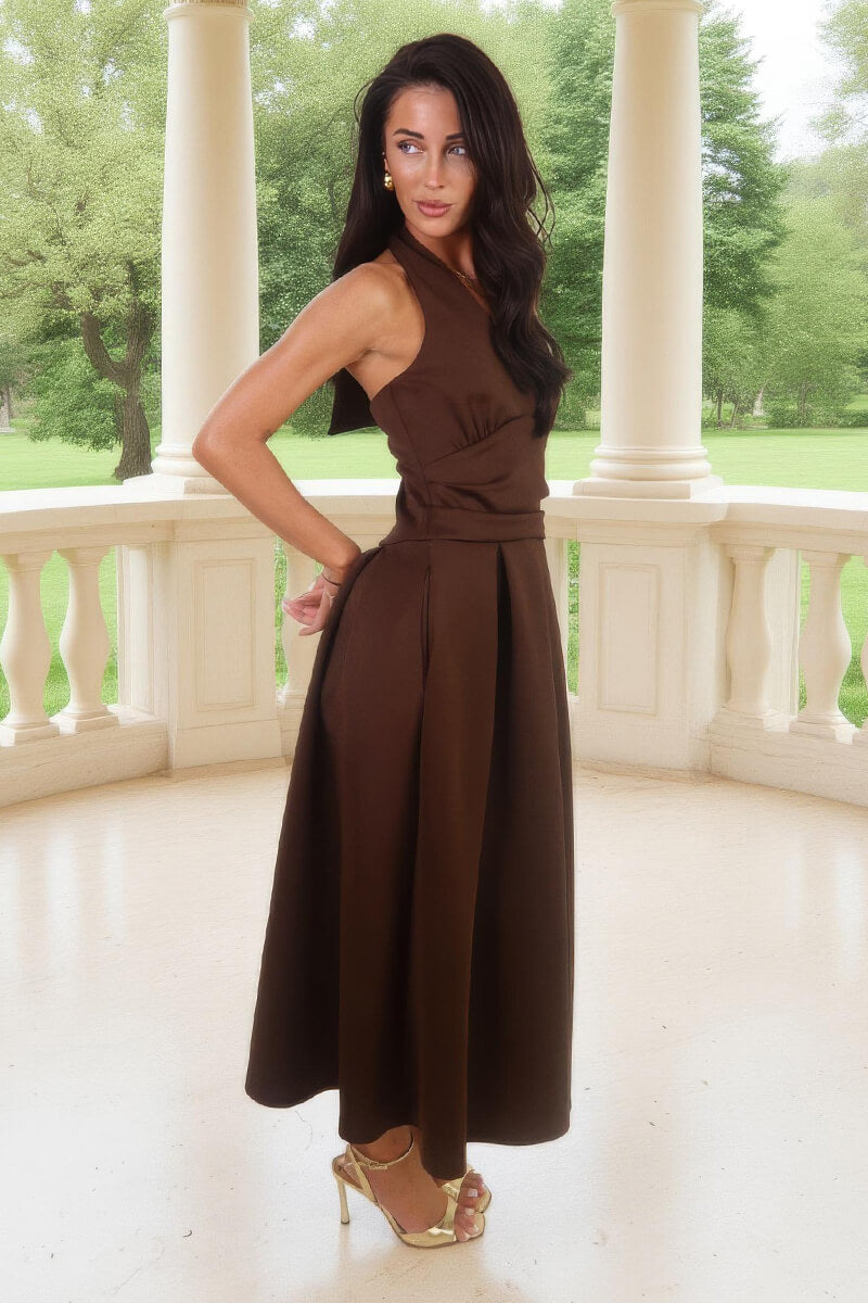 Chocolate Tie Halter Neck Midi Dress