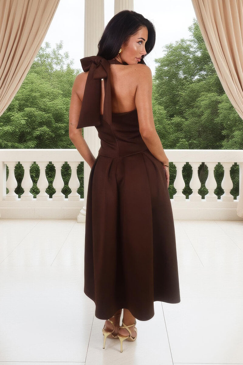 Chocolate Tie Halter Neck Midi Dress