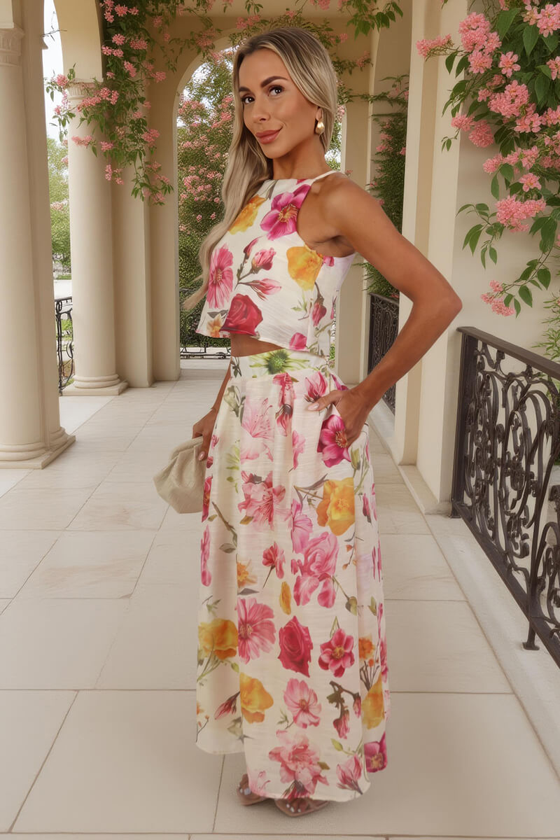 Multi Floral Print Pleated Midi Skirt