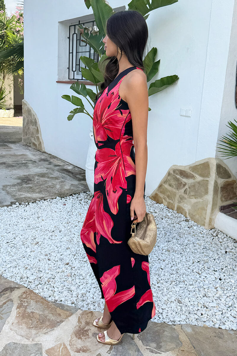 Black And Coral Red Floral Print One Shoulder O-Ring Midi Dress