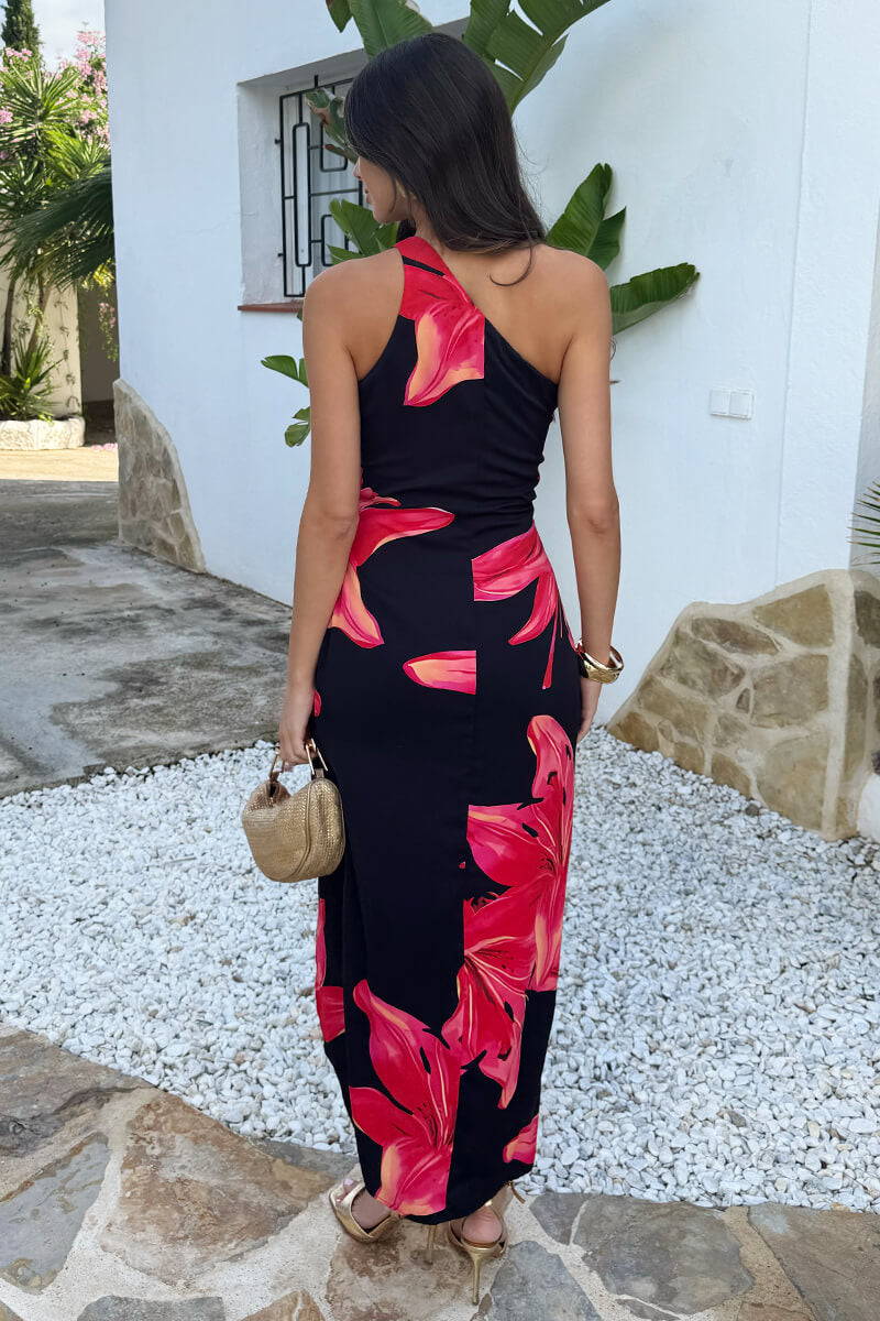 Black And Coral Red Floral Print One Shoulder O-Ring Midi Dress