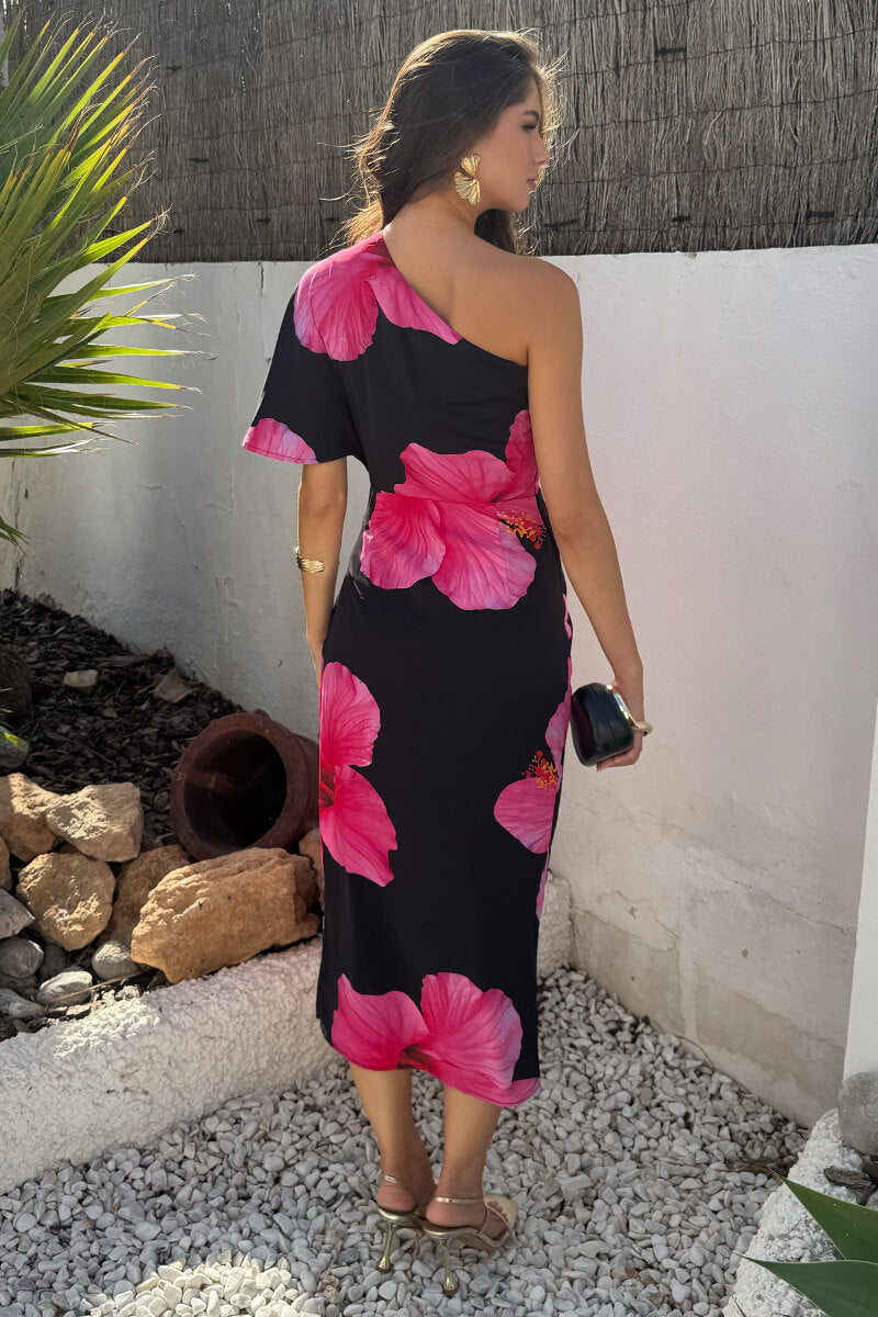 Black And Magenta Floral Print One Sleeve Midi Dress