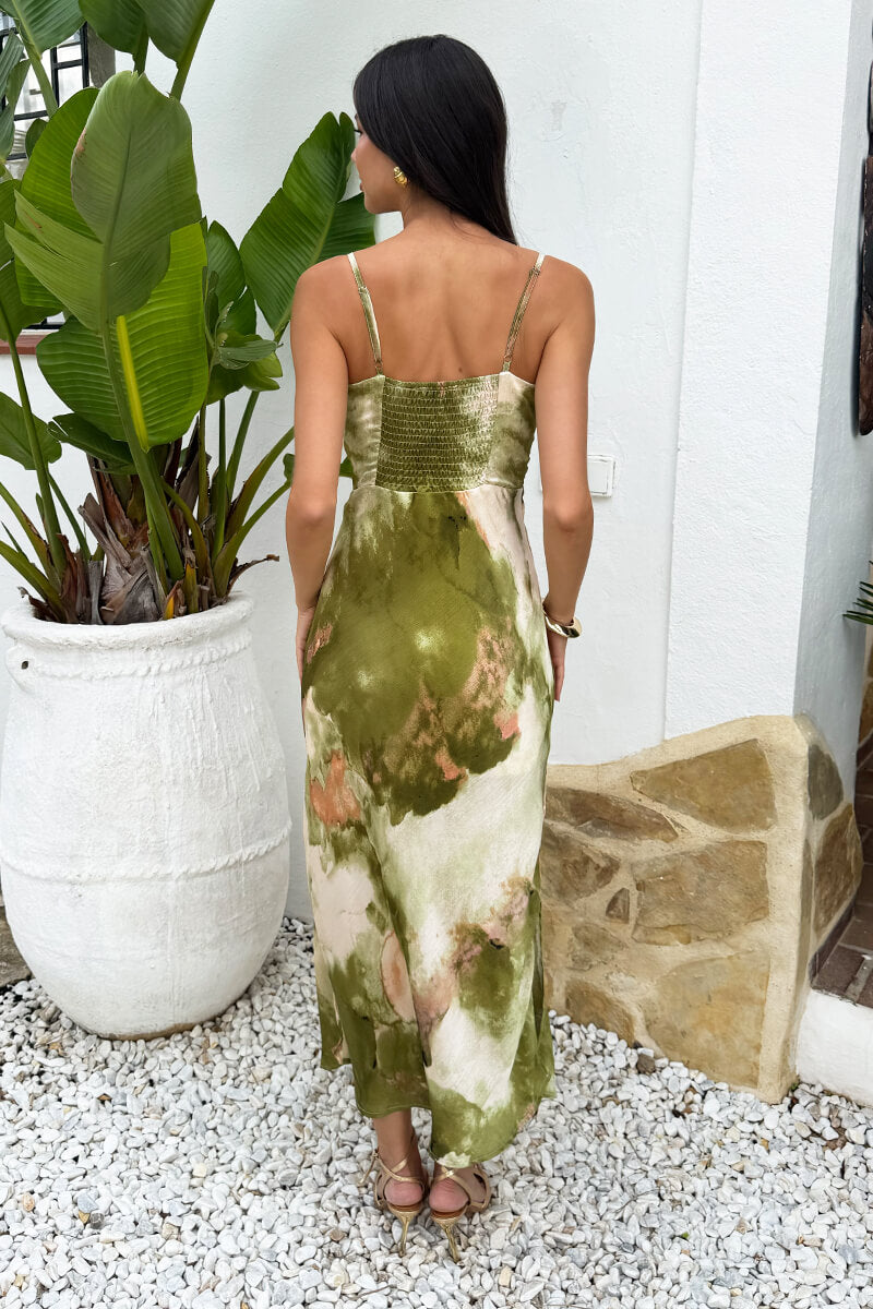 Lime Marble Print Strappy Slip Midi Dress