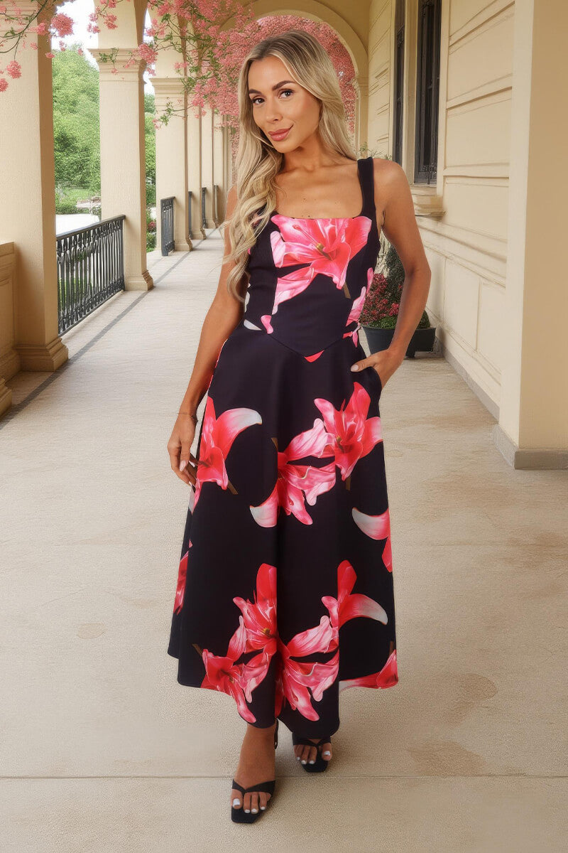 Black And Cerise Floral Print Square Neck A-line Midi Dress