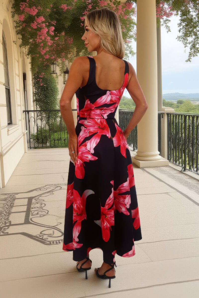 Black And Cerise Floral Print Square Neck A-line Midi Dress