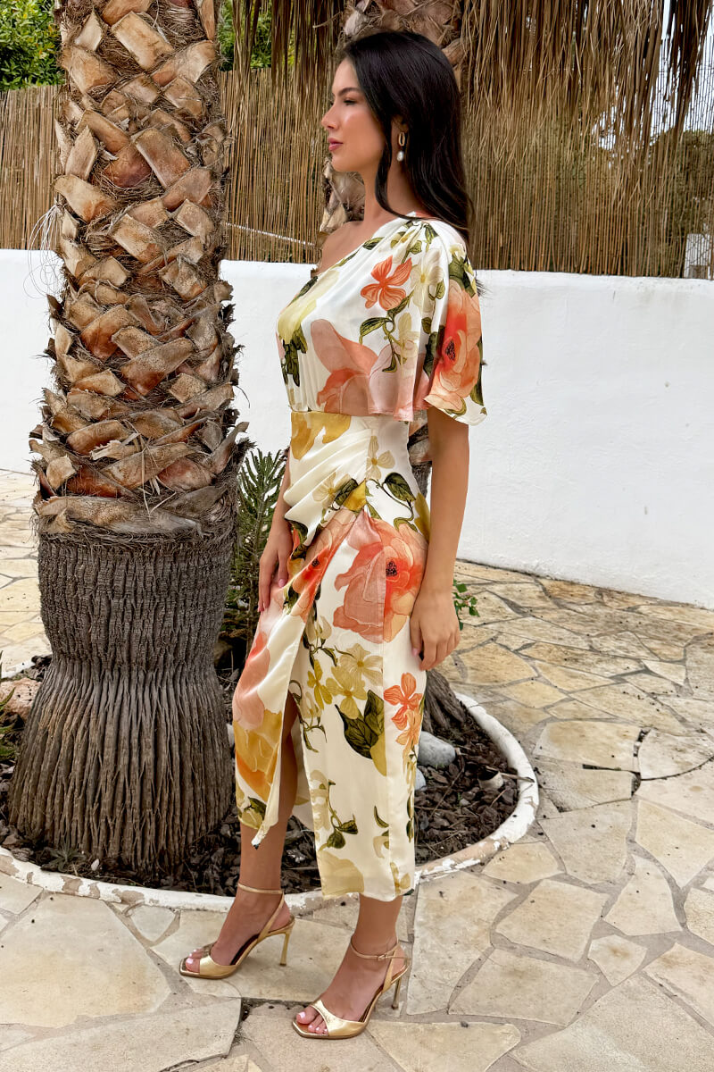 Cream Floral Print One Sleeve Wrap Skirt Midi Dress