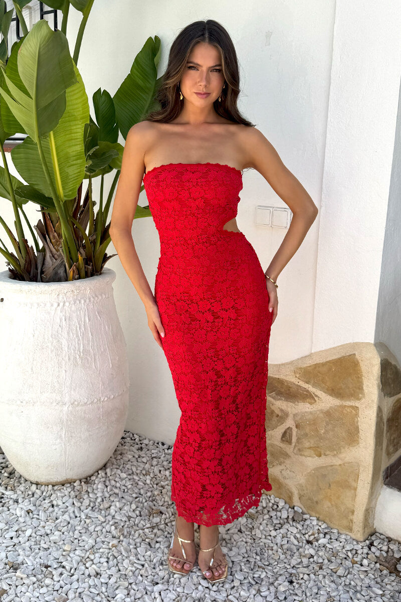 Red Embroidered Overlay Bandeau Cut Out Midi Dress