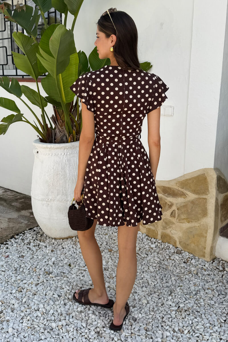 Chocolate Polka Dot Print Wrap Top Skater Mini Dress