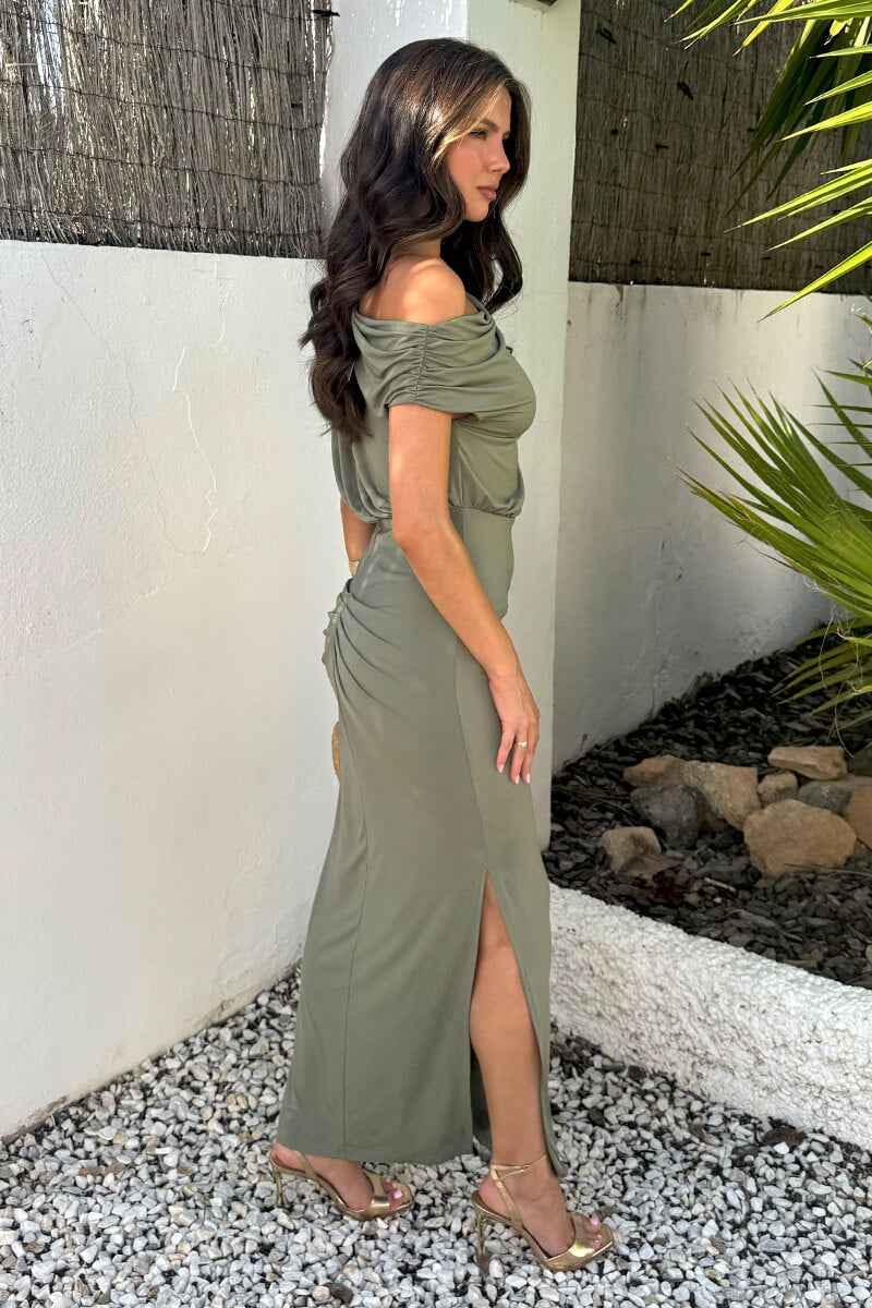 Light Khaki Off The Shoulder Double Split Midi Dress