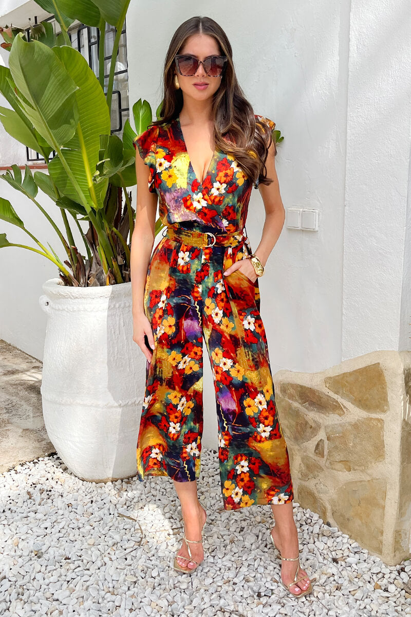 Multi Floral Print Wrap Top Flutter Sleeve Belted Jumpsuit