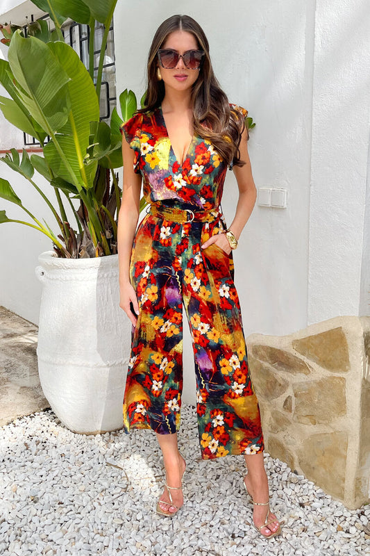 Multi Floral Print Wrap Top Flutter Sleeve Belted Jumpsuit
