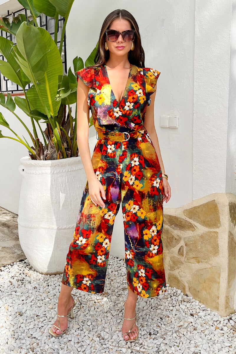 Multi Floral Print Wrap Top Flutter Sleeve Belted Jumpsuit