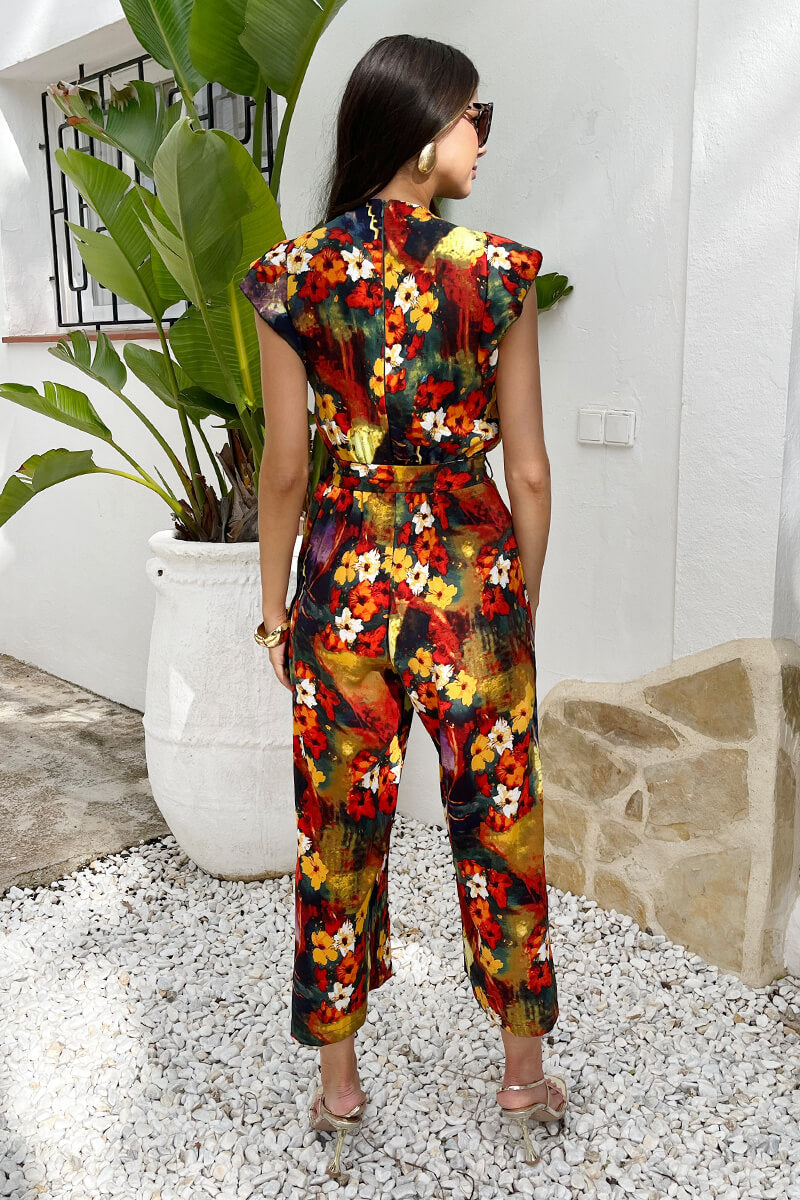 Multi Floral Print Wrap Top Flutter Sleeve Belted Jumpsuit