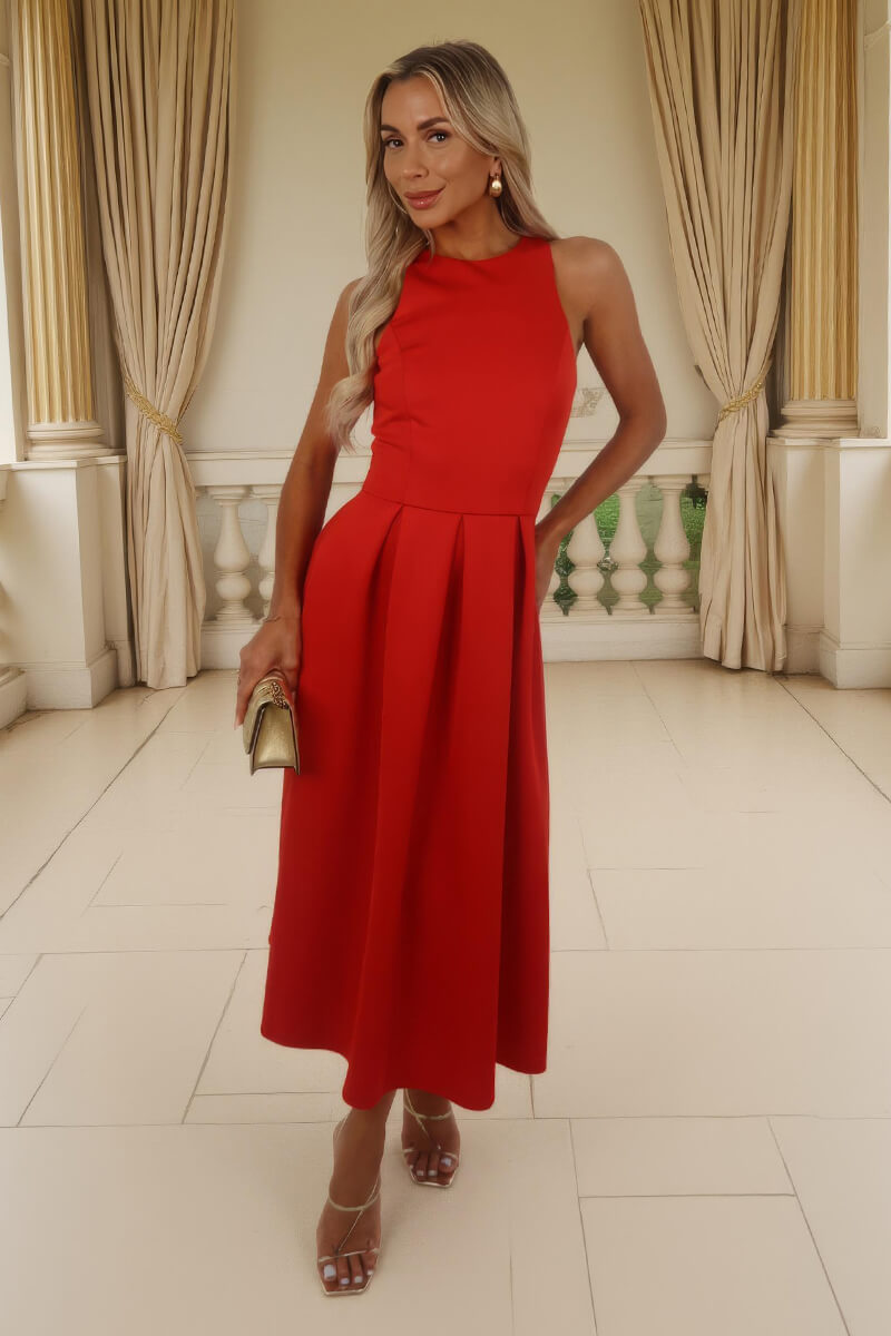 Blood Orange Racer Neck Pleated Skirt Midi Dress