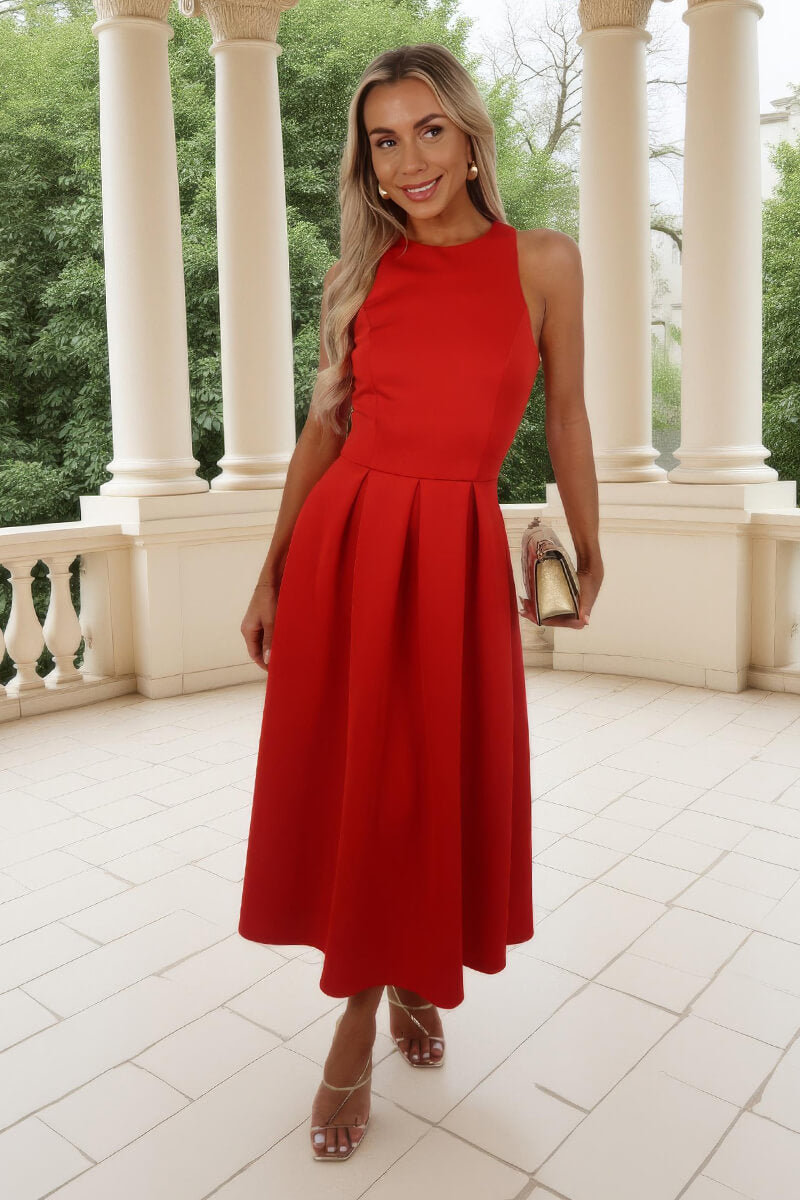 Blood Orange Racer Neck Pleated Skirt Midi Dress