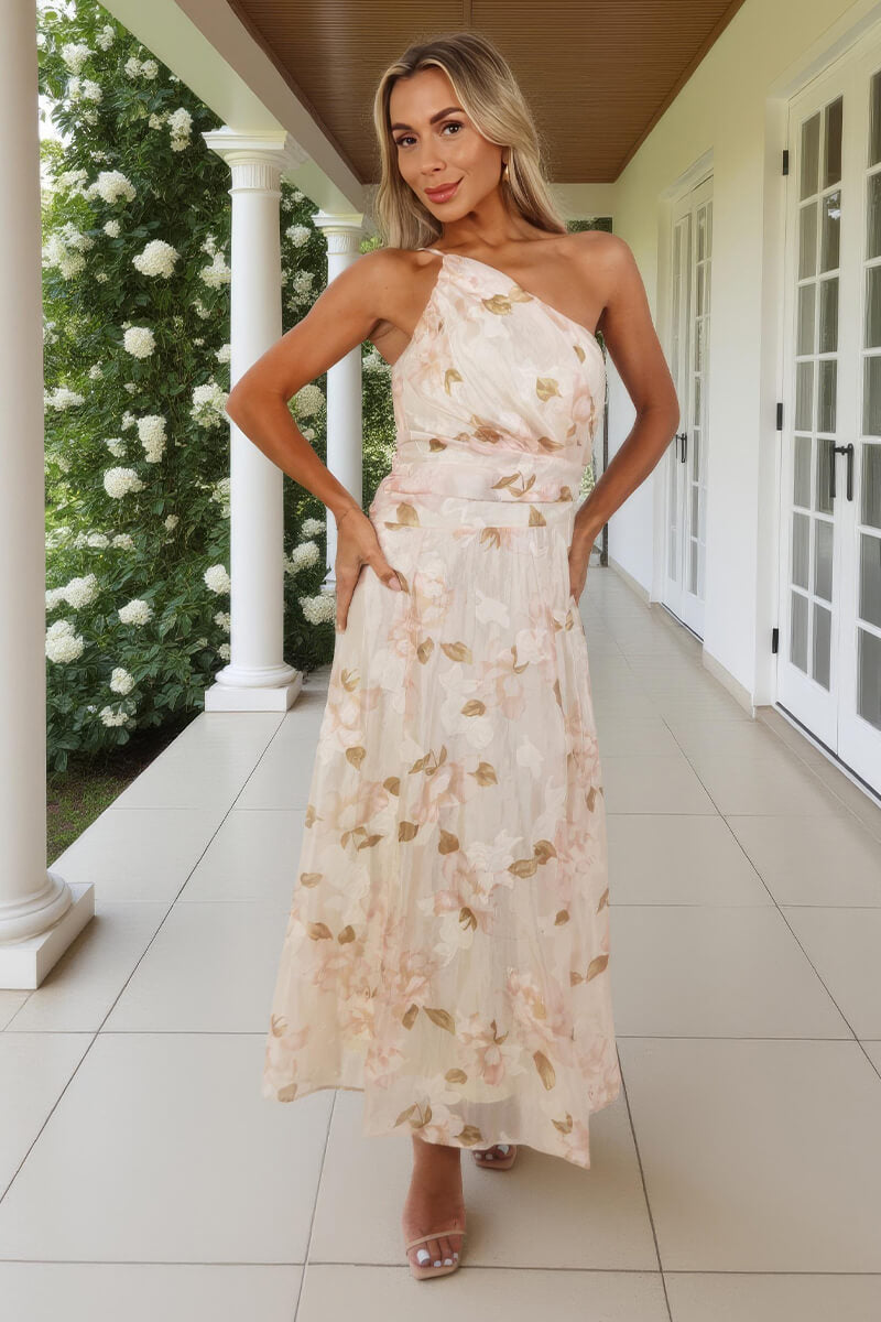 Blush Floral Embroidered Chiffon One Shoulder Midi Dress