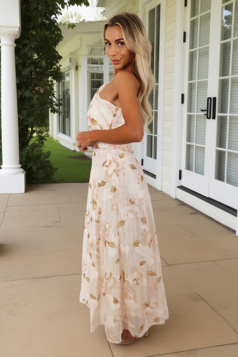 Blush Floral Embroidered Chiffon One Shoulder Midi Dress