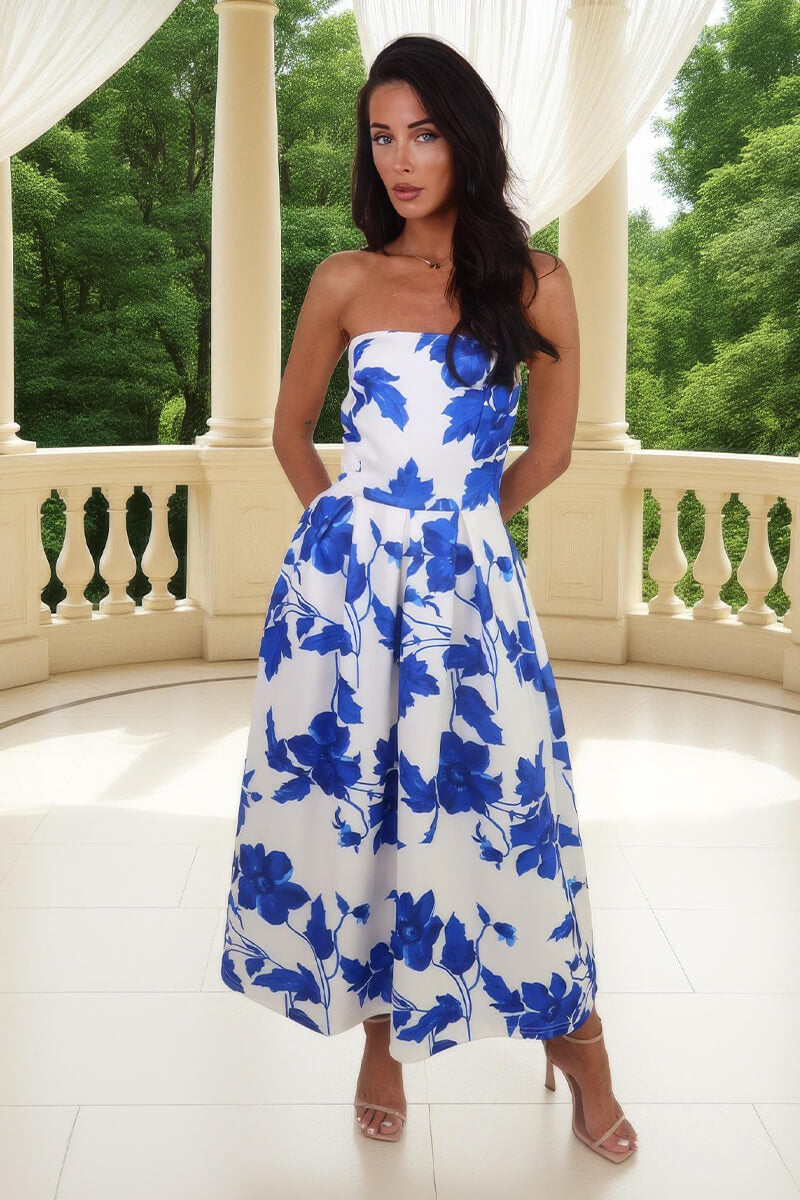 Blue And Cream Floral Print Bandeau A-Line Midi Dress