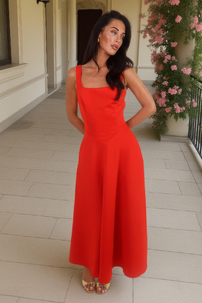 Blood Orange Square Neck A-line Midi Dress