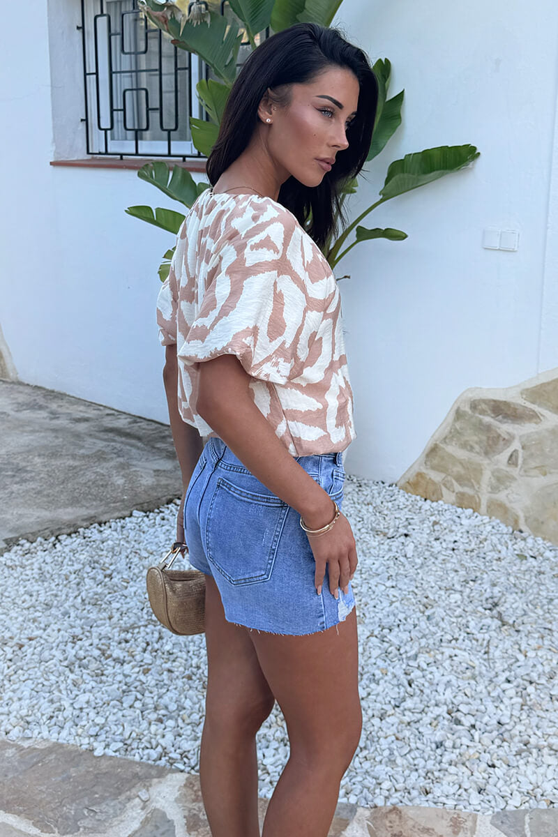 Stone And Cream Abstract Print Puff Sleeve Bubble Hem Top