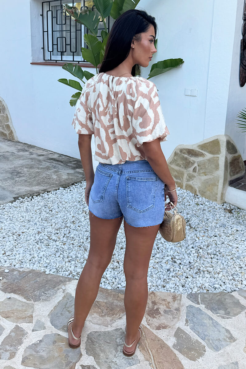 Stone And Cream Abstract Print Puff Sleeve Bubble Hem Top