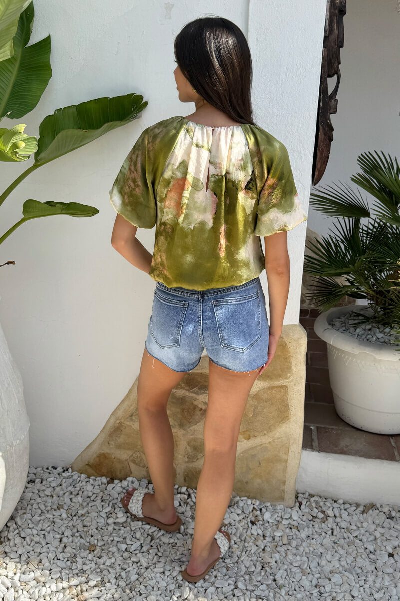Lime Marble Print Puff Sleeve Bubble Hem Top