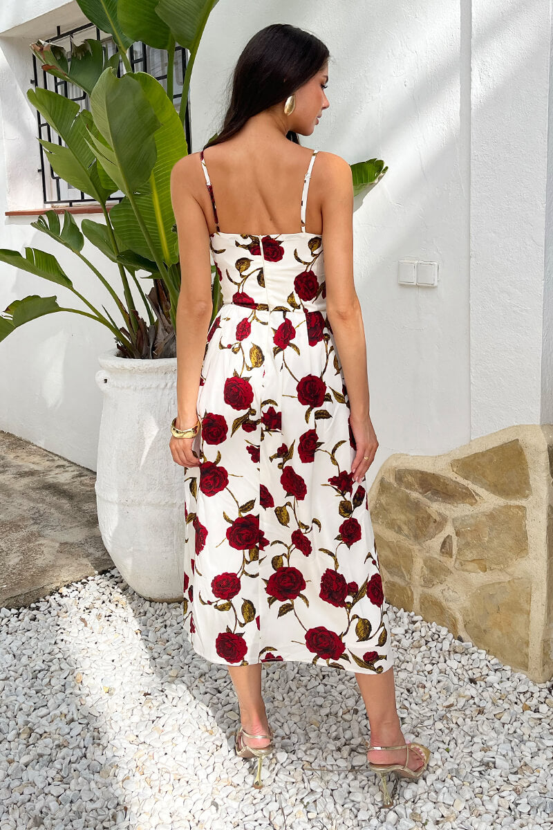 Cream Rose Printed Lace-Up Front Strappy Midi Dress