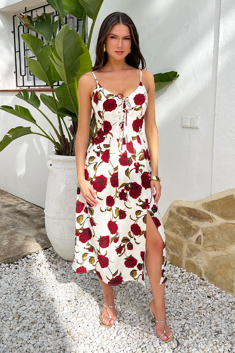 Cream Rose Printed Lace-Up Front Strappy Midi Dress