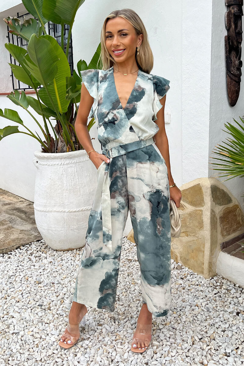 Duck Egg Marble Print Wrap Top Belted Jumpsuit