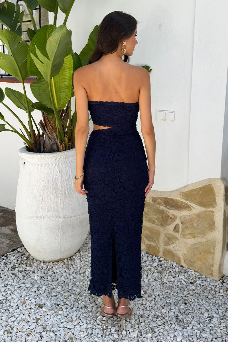 Navy Embroidered Overlay Bandeau Cut Out Midi Dress