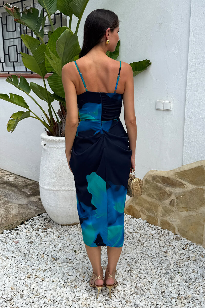 Navy Bold Floral Print Gathered Skirt Strappy Midi Dress
