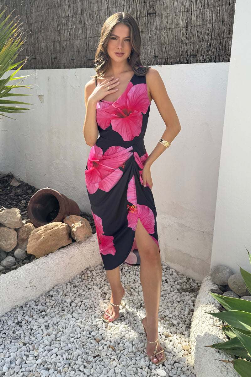 Black And Magenta Floral Print Strap Detail Gathered Midi Dress