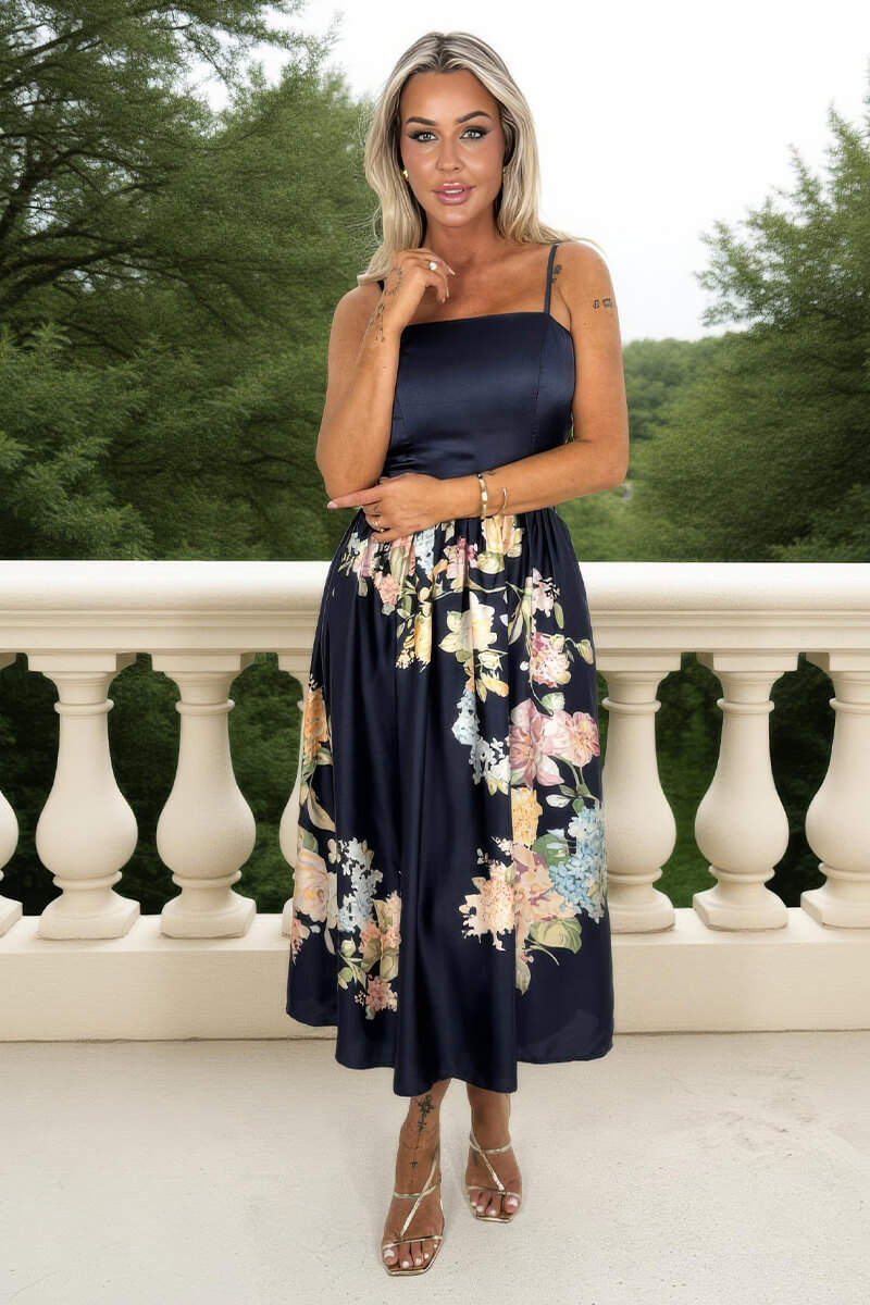Navy Floral Print Detail Strappy Midi Dress