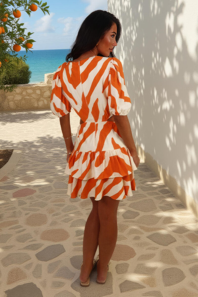 Orange And Cream Stripe Print Cut Out Tiered Mini Dress